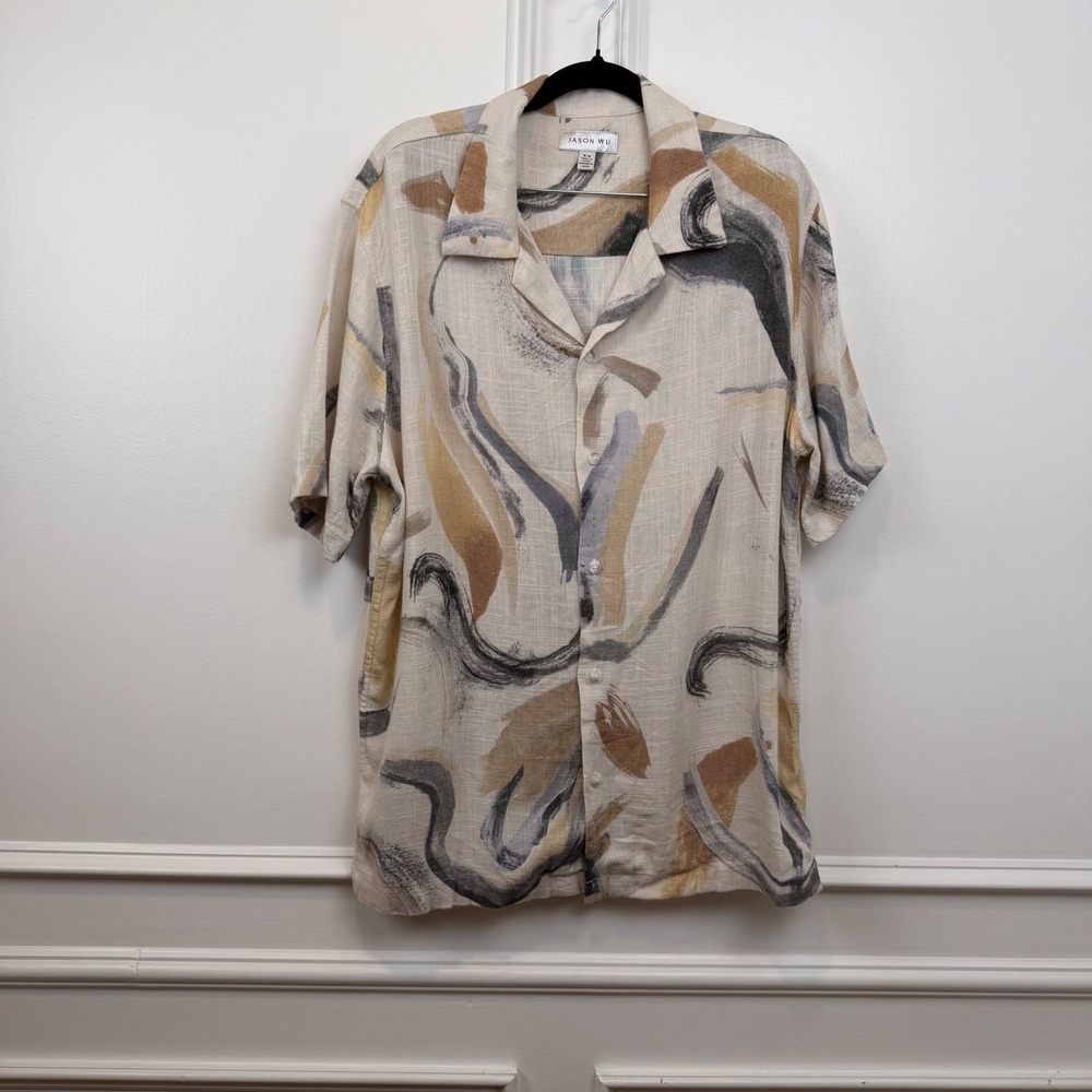Jason Wu Mens Abstract Brushstroke Print Linen Blend Short Sleeve Shirt Tan M